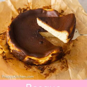 Pinterest graphic of a slice of basque cheesecake lifted from the cake.