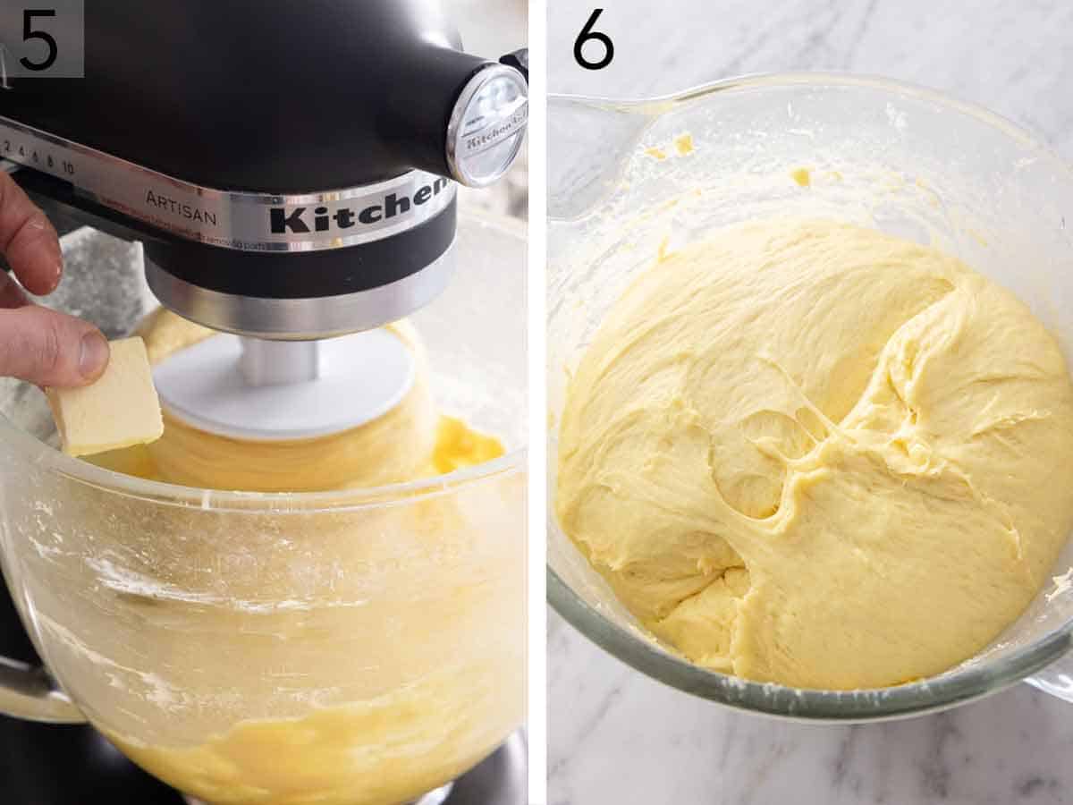 Set of two photos showing butter added to a mixer and dough set to proof in a bowl.