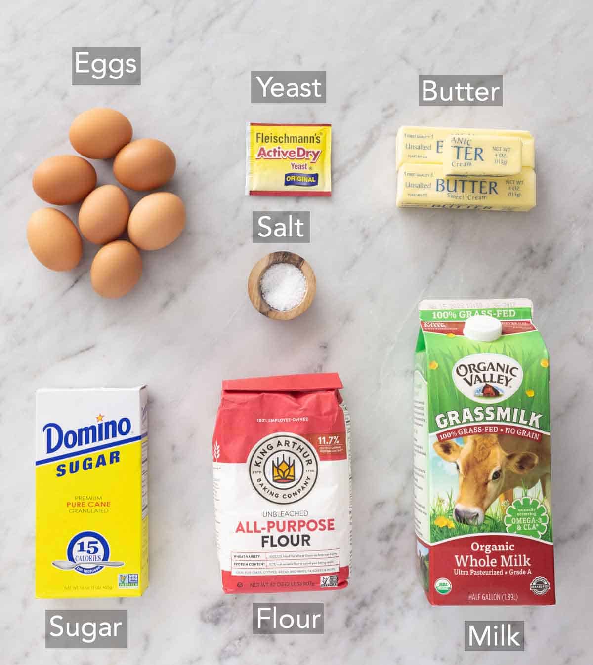 Ingredients needed to make brioche bread.