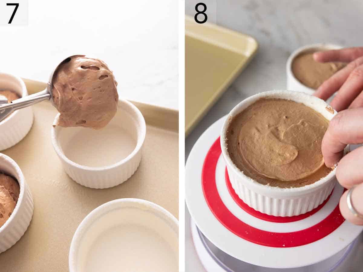 Set of two photos showing batter added to ramekins and a finger run through the edge.