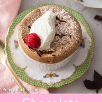 Pinterest graphic of a chocolate souffle with whipped cream and a raspberry on top.