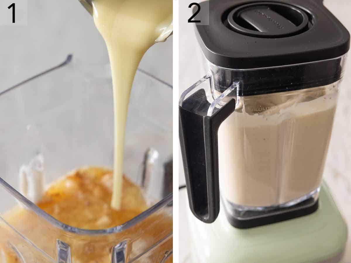 Set of two showing all the ingredients added to a blended and combined.