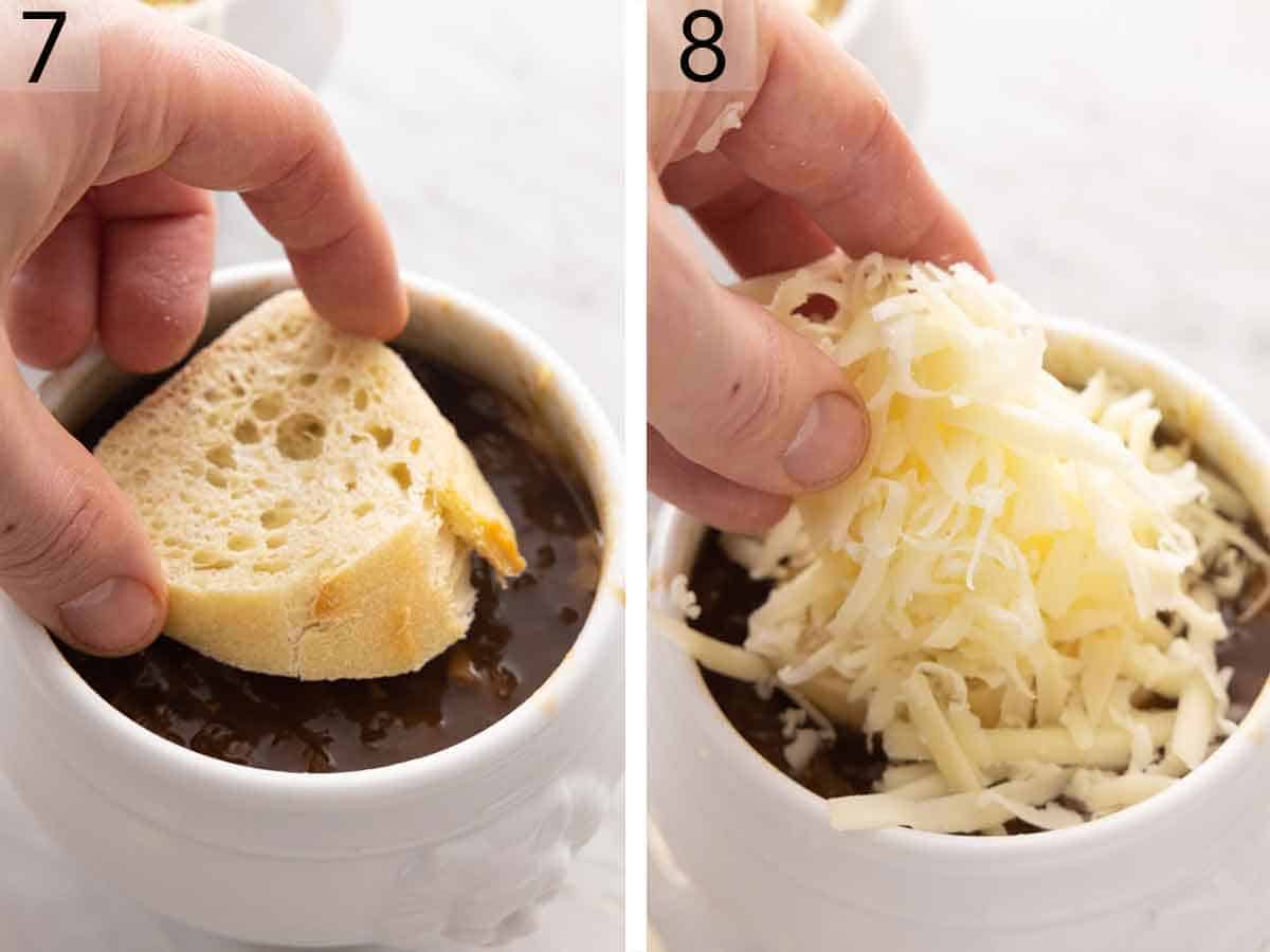 Set of two photos showing a slice of baguette and cheese added to a bowl of soup.