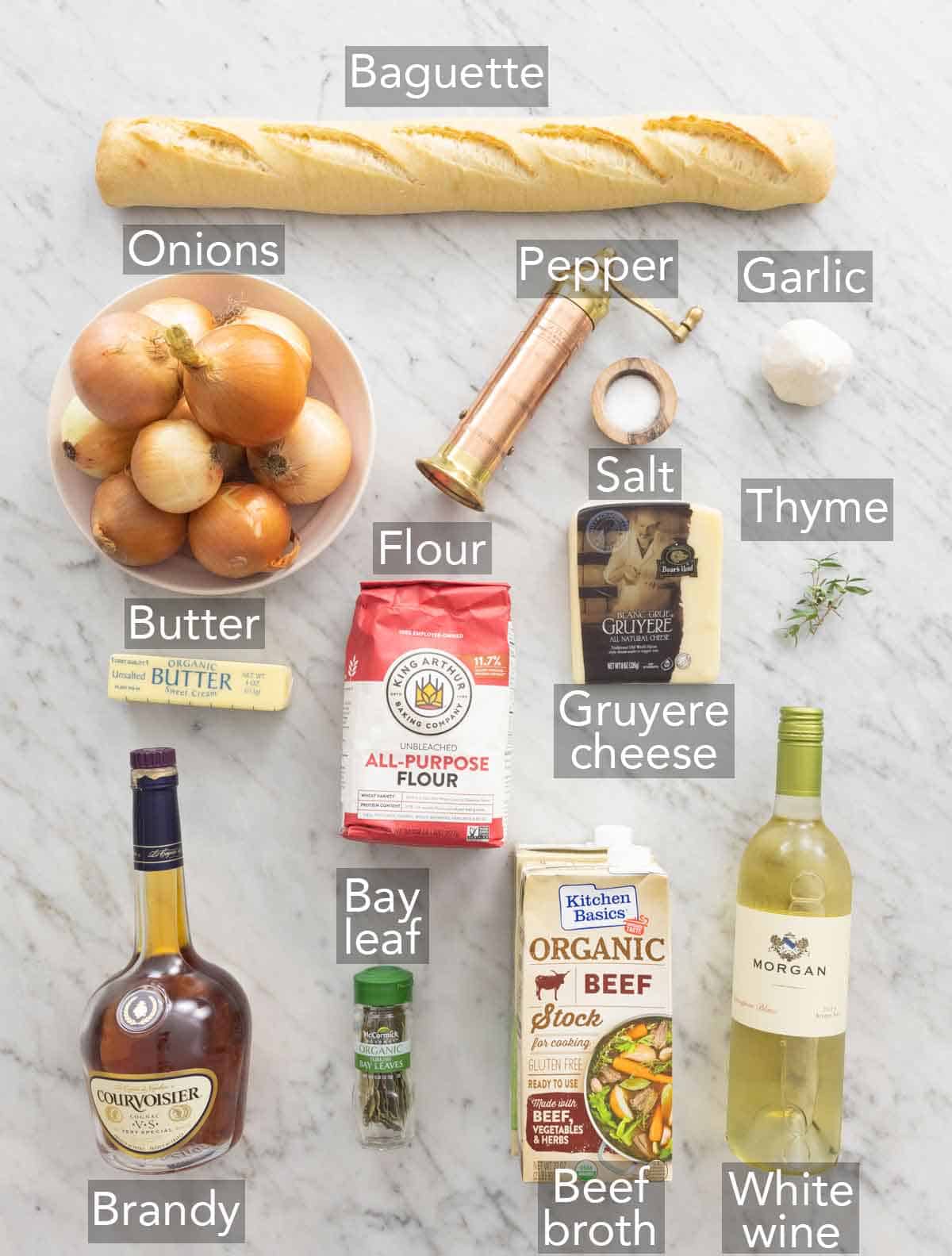 Ingredients needed to make French onion soup.