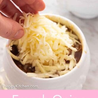 Pinterest graphic of a handful of shredded cheese added to a bowl of French onion soup.
