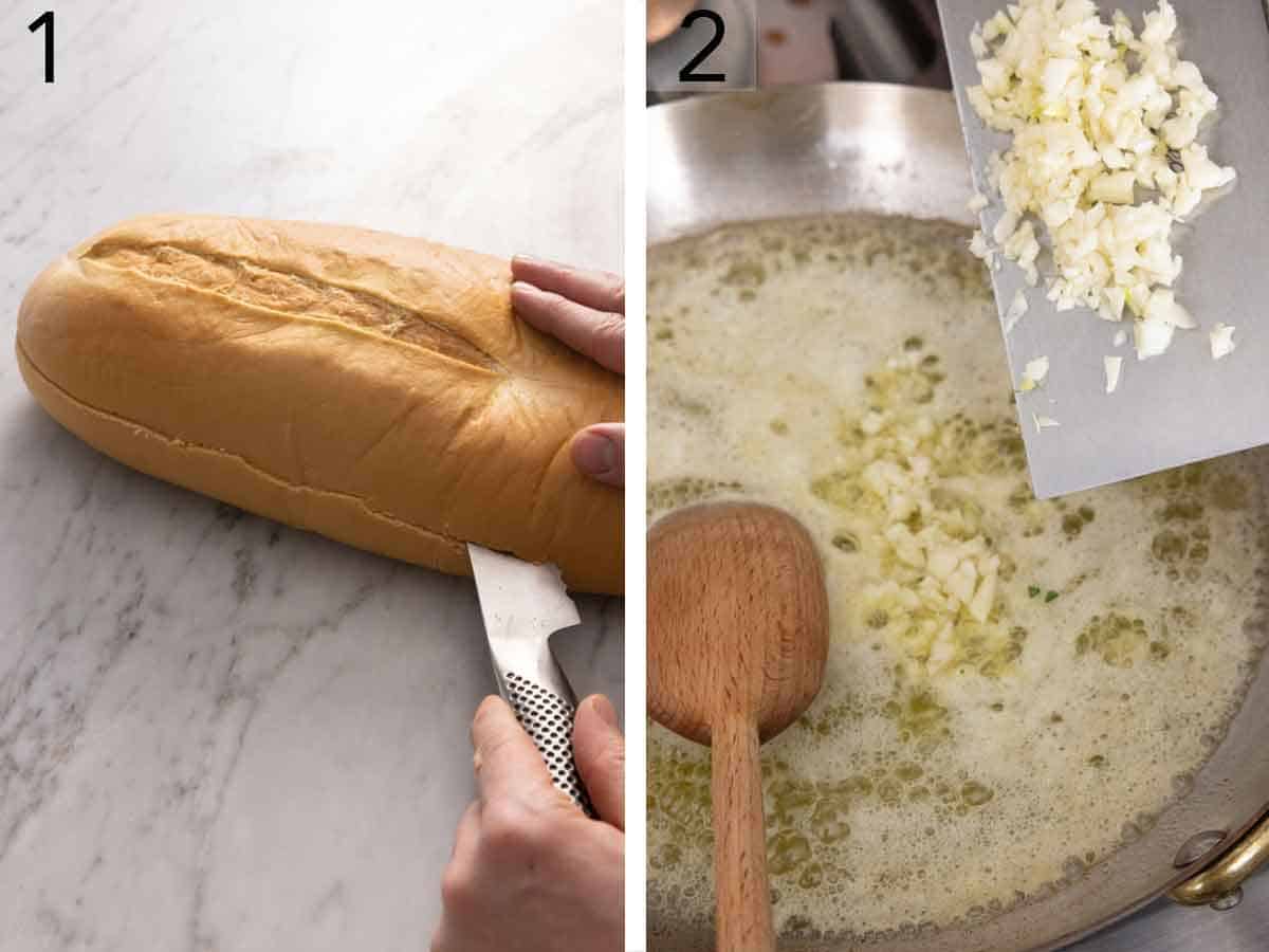 Set of two photos showing a loaf cut in half and garlic added to melted butter.