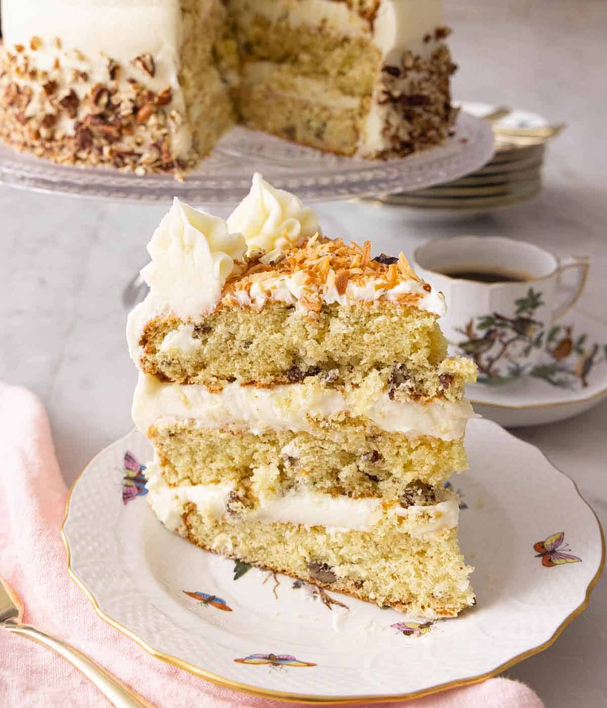 A plate with a serving of Italian cream cake.