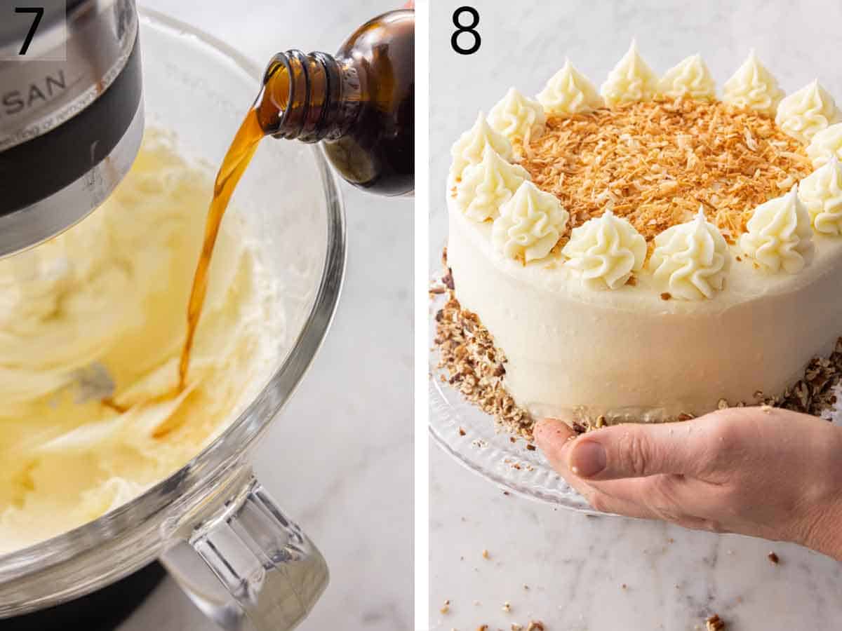 Set of two photos showing vanilla added to the frosting and the cake decorated.