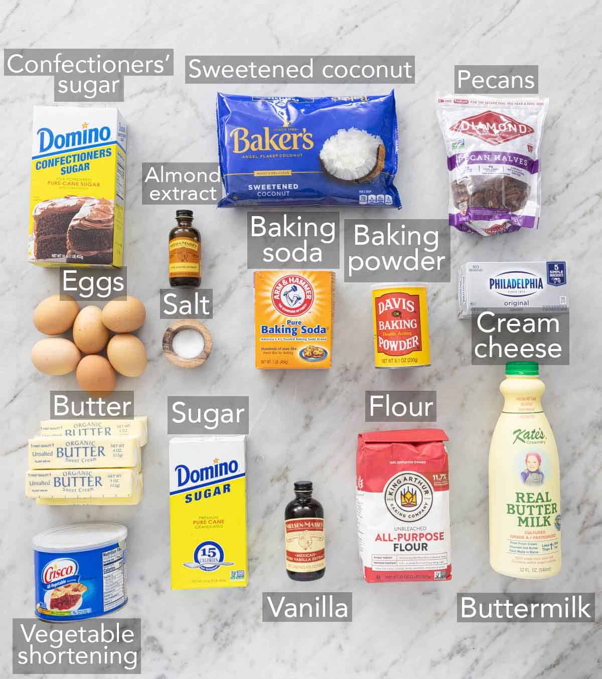 Ingredients needed to make Italian cream cake.