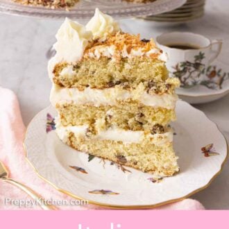 Pinterest graphic of a slice of Italian cream cake, showing the frosting between the layers.