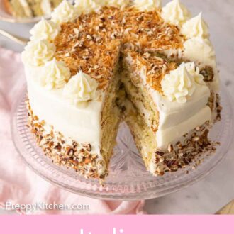 Pinterest graphic of an Italian cream cake with a slice cut out and another cut to be served.