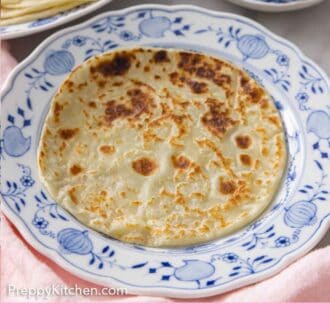 Pinterest graphic of a plate with a lefse in the middle.