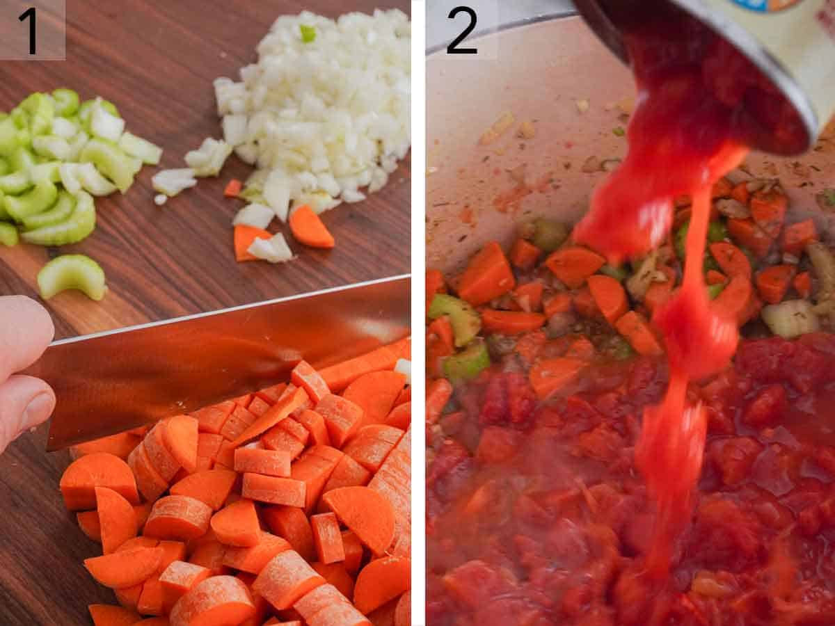 Set of two photos showing vegetables diced and added to a pot.
