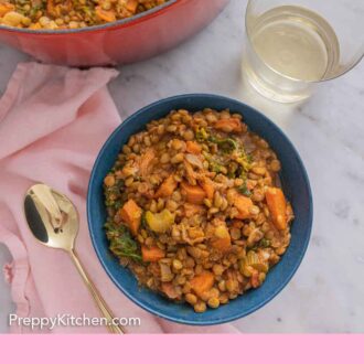 Pinterest graphic of the overhead view of a bowl of lentil soup by a glass of wine.