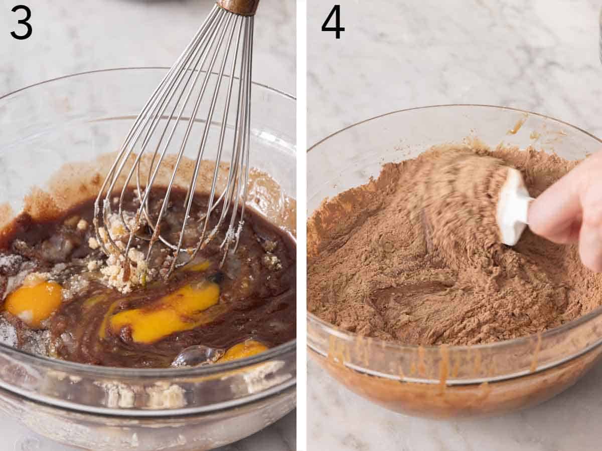 Set of two photos showing the wet ingredients whisked together and then dry ingredients added.