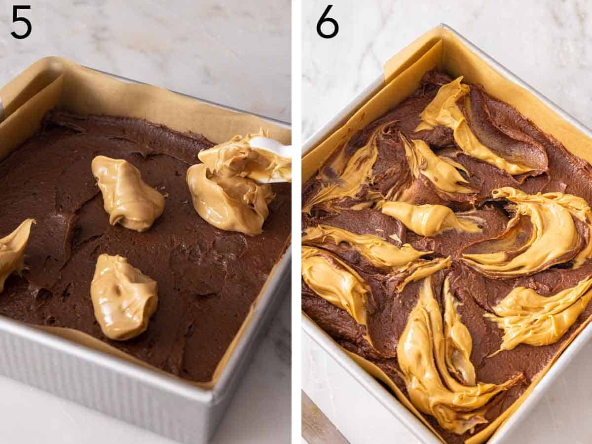 Set of two photos showing the chocolate batter in a pan with peanut butter added and swirled.