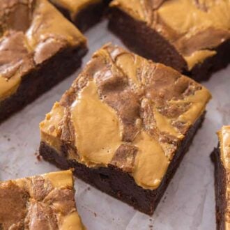 Peanut butter brownies cut into square pieces in a single layer.