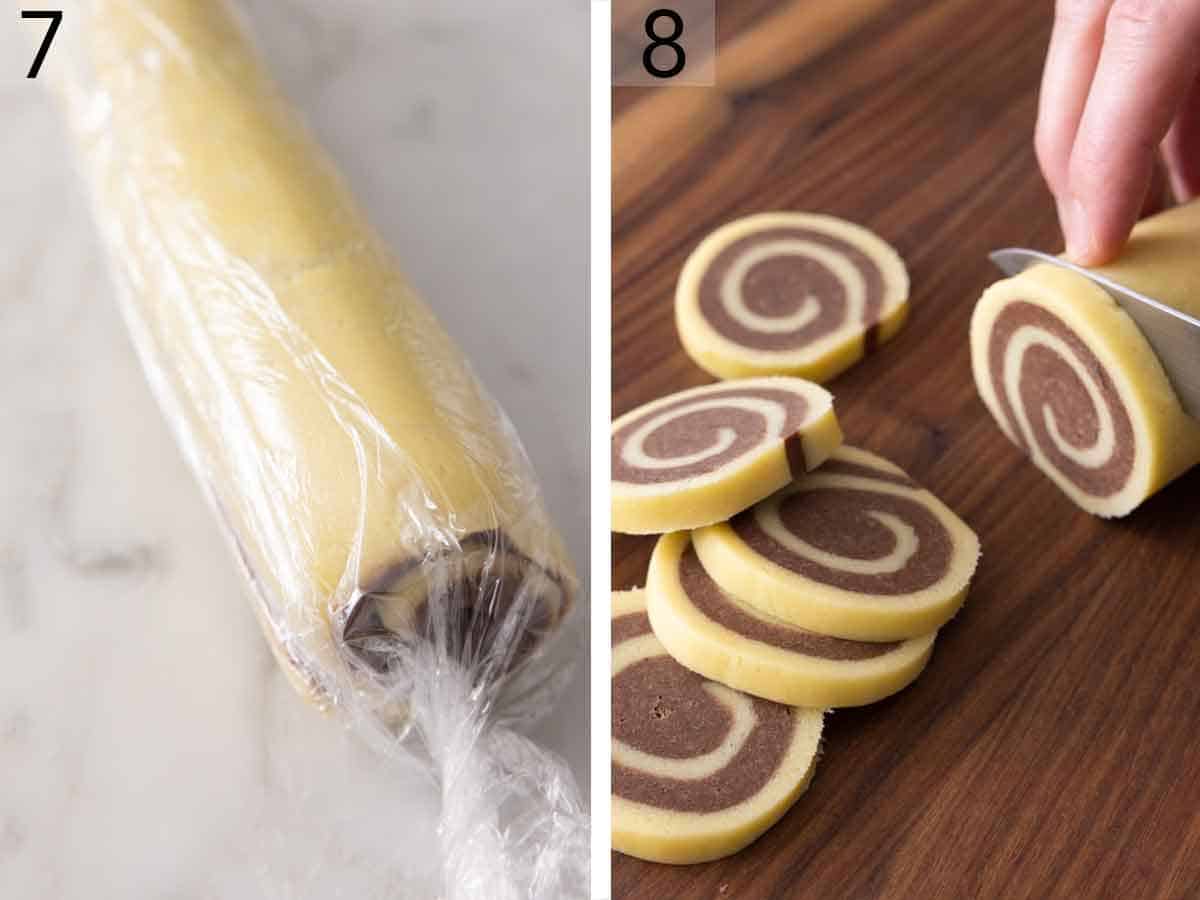 Set of two photos showing a log of cookie dough wrapped then sliced.