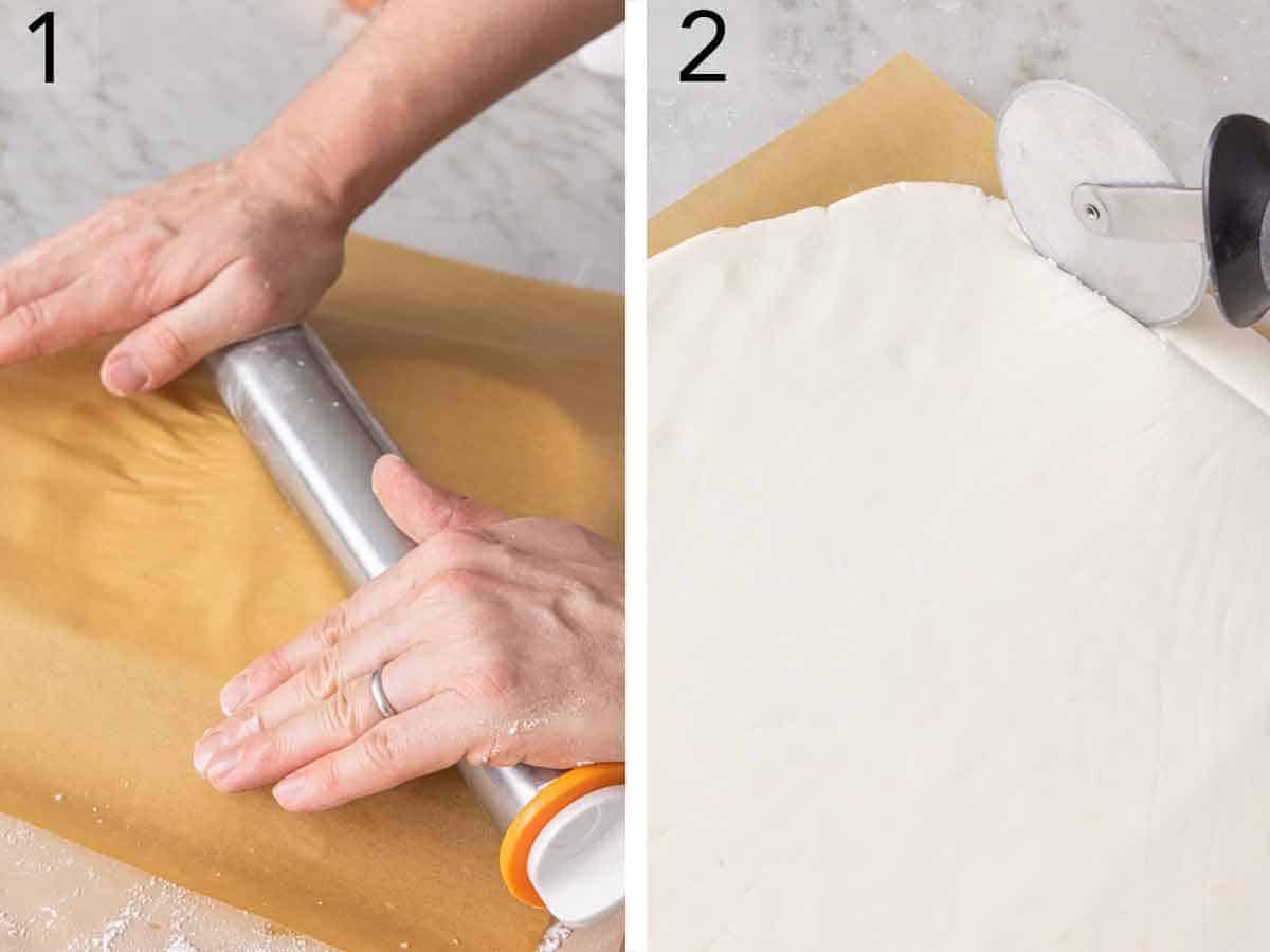 Set of two photos showing mashed potatoes rolled out and trimmed.