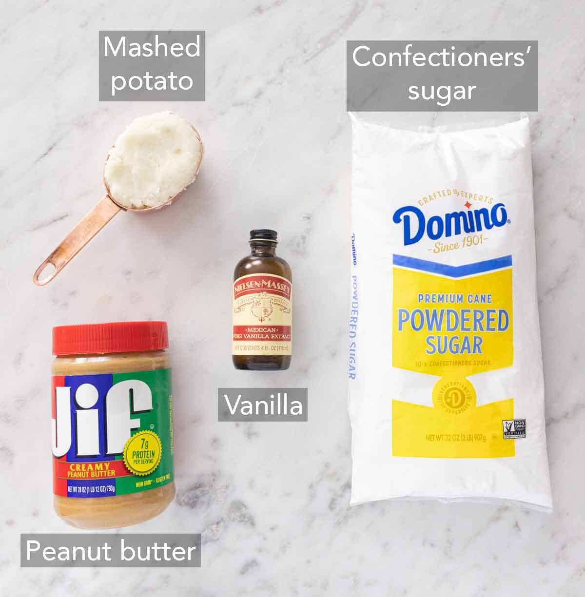 Ingredients needed to make potato candy.