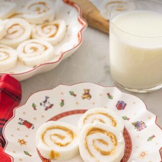 Pinterest graphic of a plate with three pieces of potato candy.