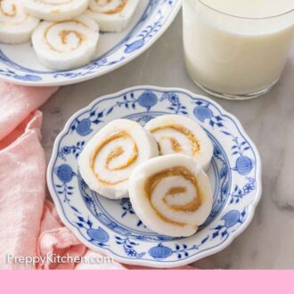 Pinterest graphic of a plate with three potato candies by a glass of milk.