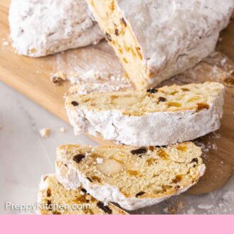 Pinterest graphic of a wooden cutting board with two loaves of stollen, one sliced.