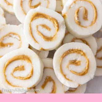 Pinterest graphic of an overhead view of a pile of potato candies.