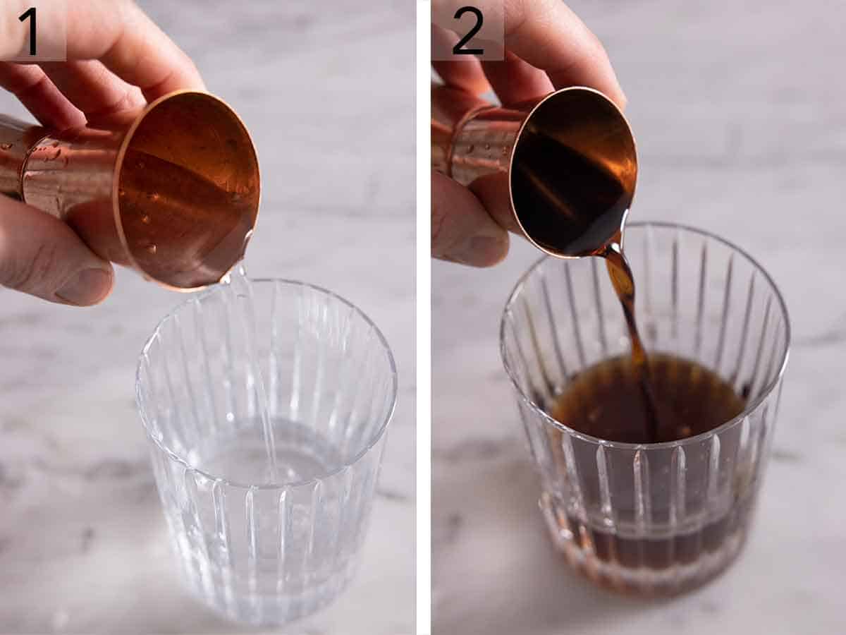 Set of two photos showing vodka and kahlua added to a glass.