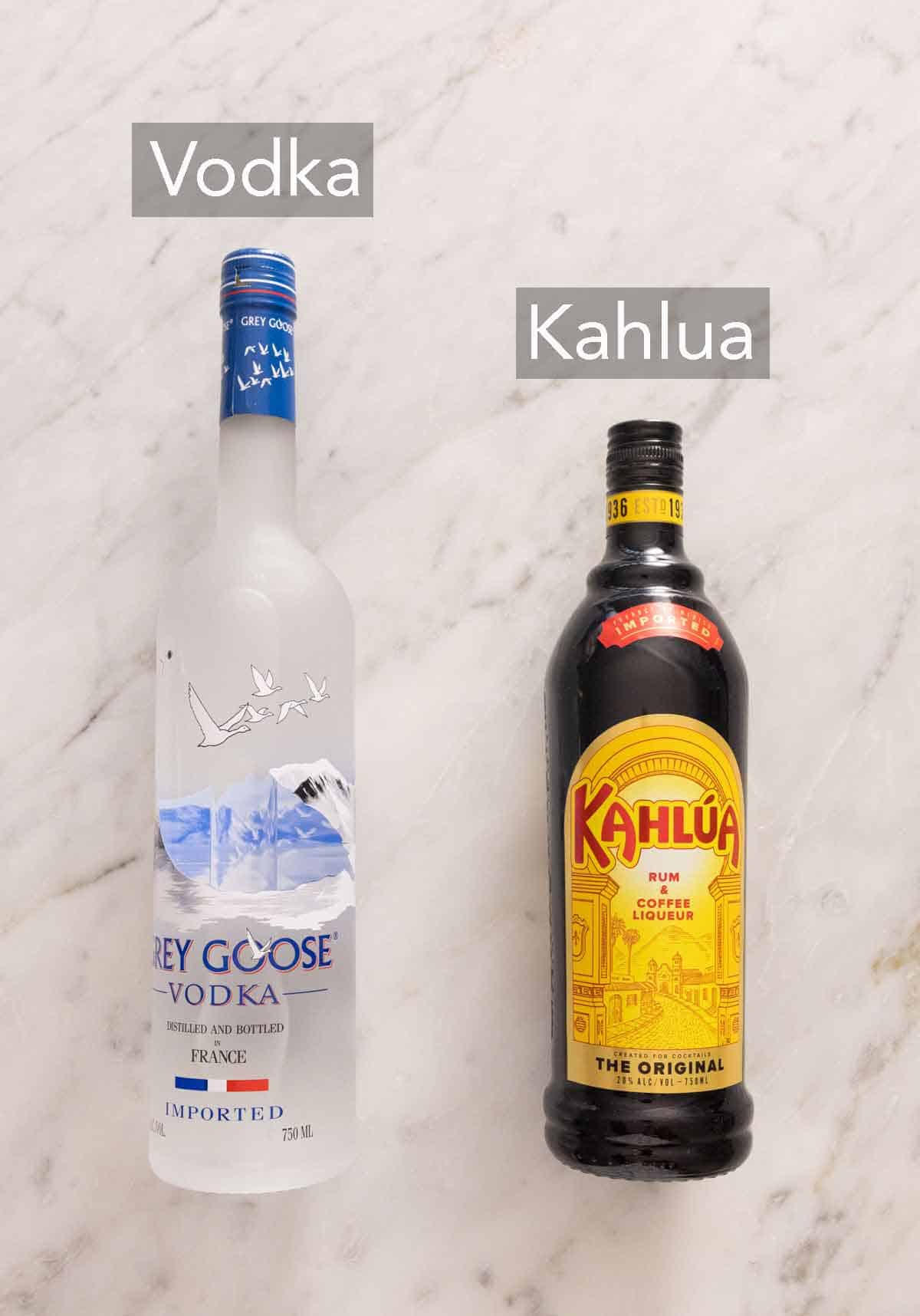 Ingredients needed to make a Black Russian.