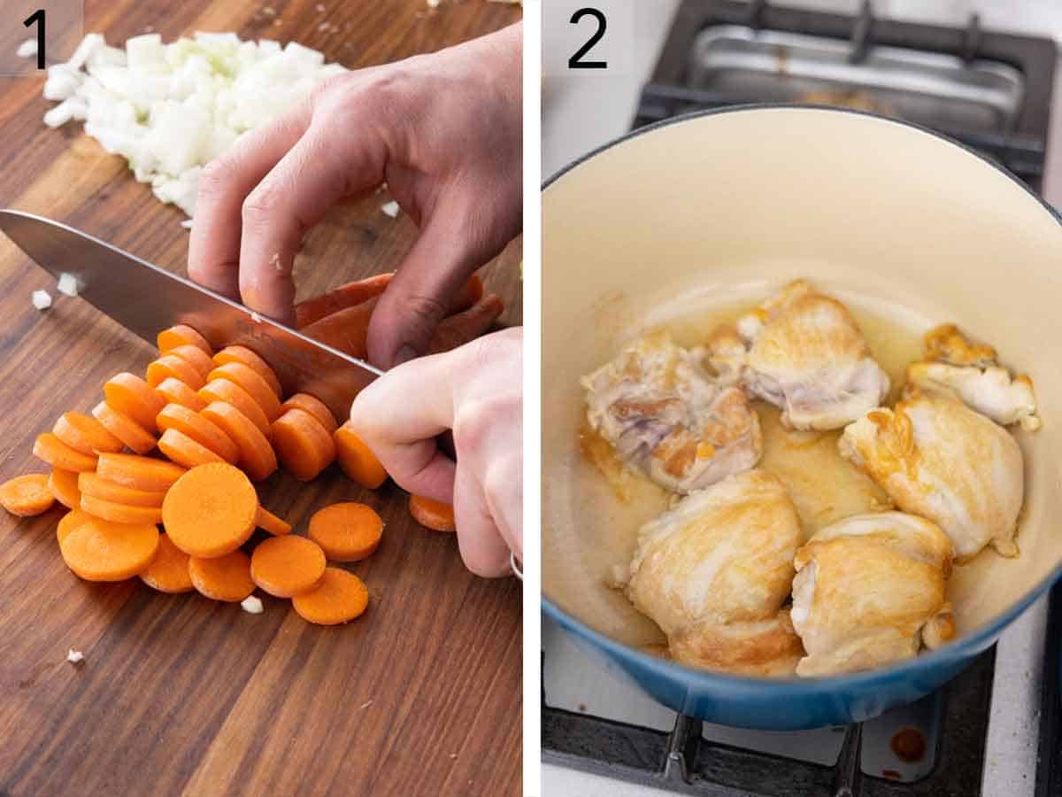 Set of two photos showing carrots sliced and meat seared in a pot.