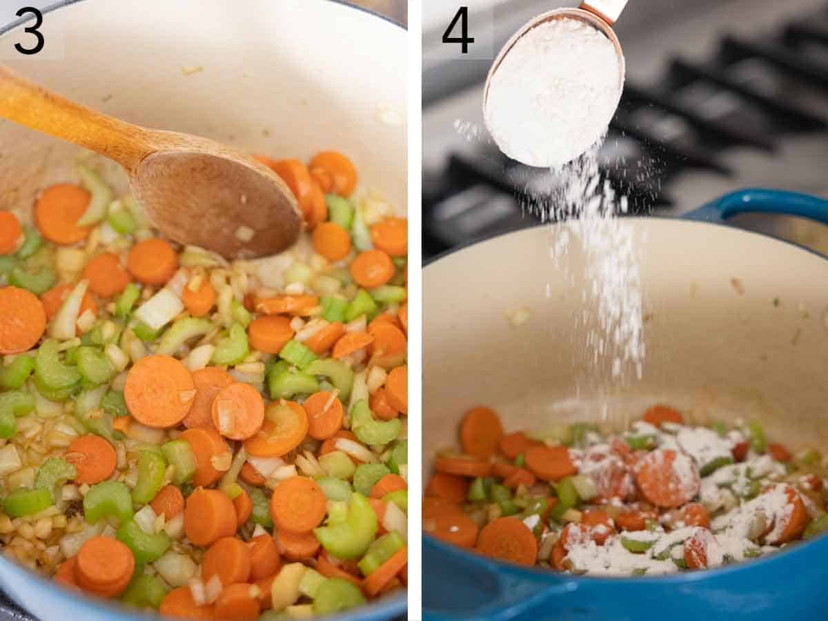 Set of two photos showing vegetables sautéed and flour added.