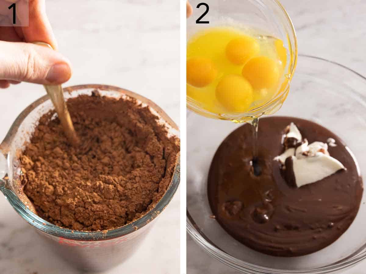 Set of two photos showing cocoa powder and water combined then wet ingredients mixed together.