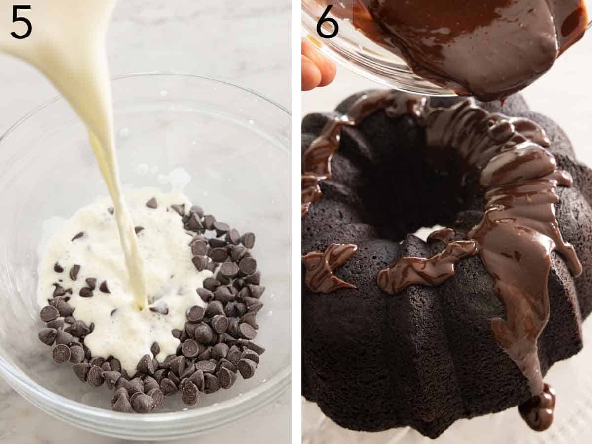 Set of two photos showing ganache made and poured on to the cake.