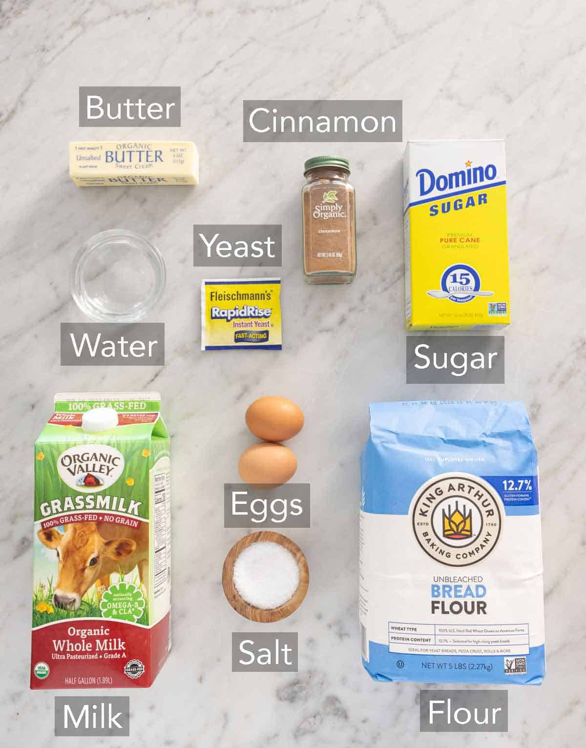 Ingredients needed to make cinnamon swirl bread.