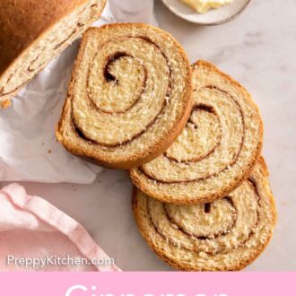 Pinterest graphic of three slices of cinnamon swirl bread by some butter.