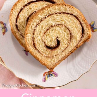 Pinterest graphic of two slices of cinnamon swirl bread on a plate.
