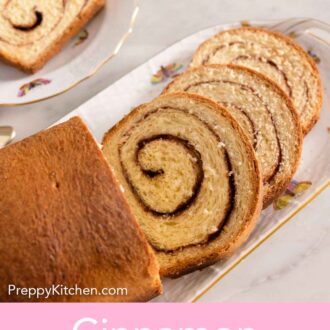 Pinterest graphic of a platter with sliced cinnamon swirl bread.
