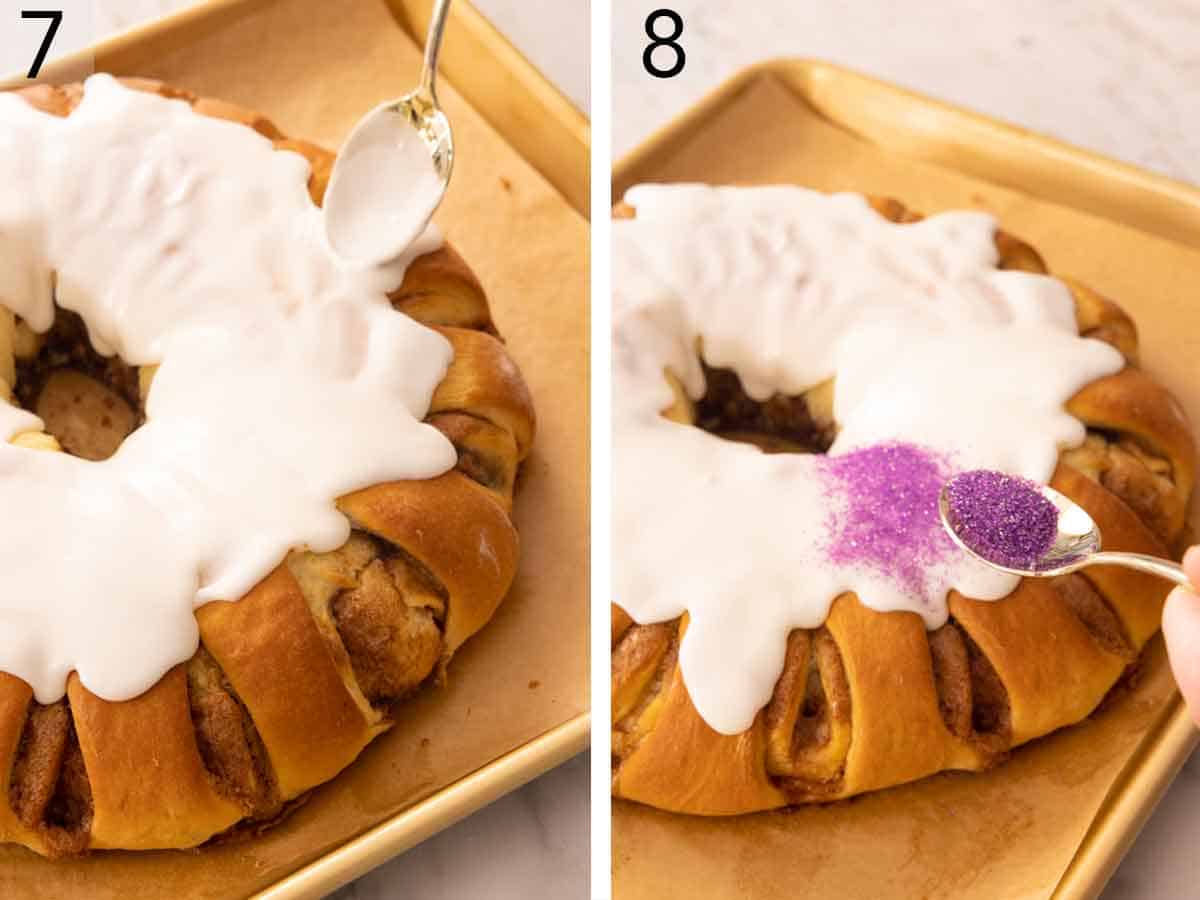 Set of two photos showing icing drizzled over the cake and then topped with sanding sugar.