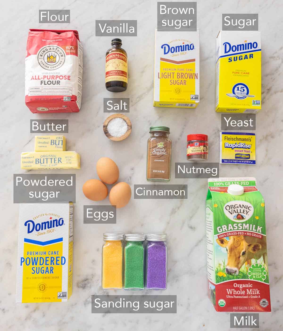 Ingredients needed to make king cake.