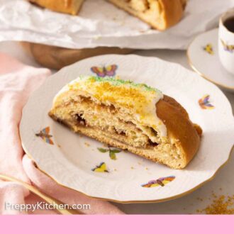 Pinterest graphic of a slice of king cake on a plate in front of a cut cake.