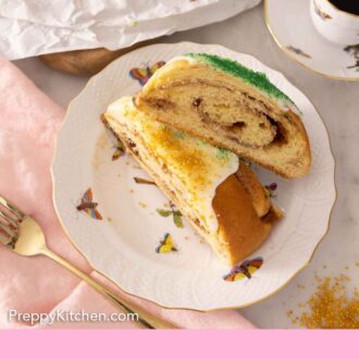 Pinterest graphic of two slices of king cake, one stacked on top of the other.