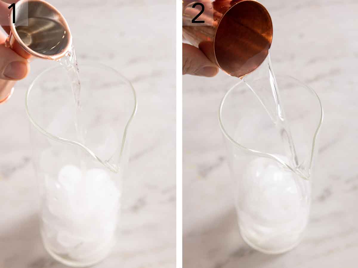 Set of two photos showing vodka and dry vermouth combined.