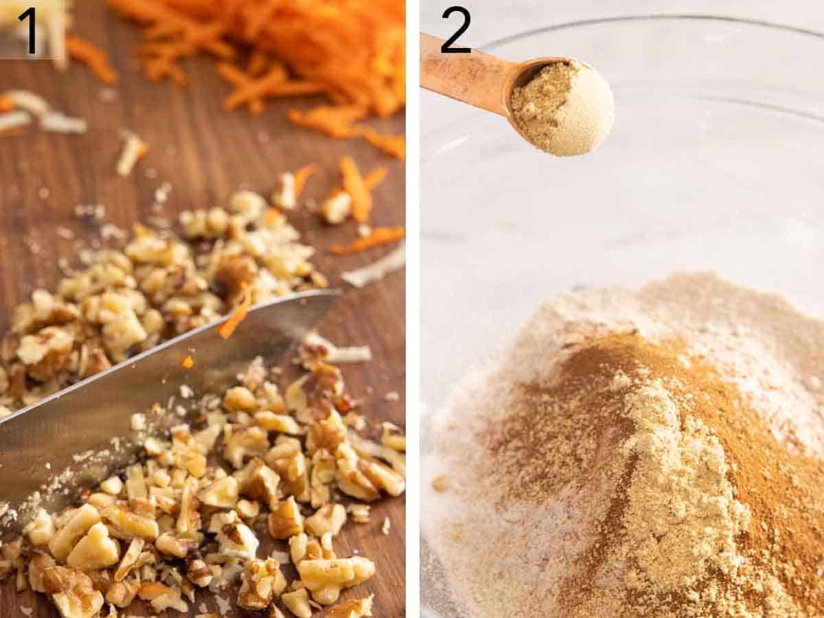 Set of two photos showing walnuts chopped and dry ingredients mixed.