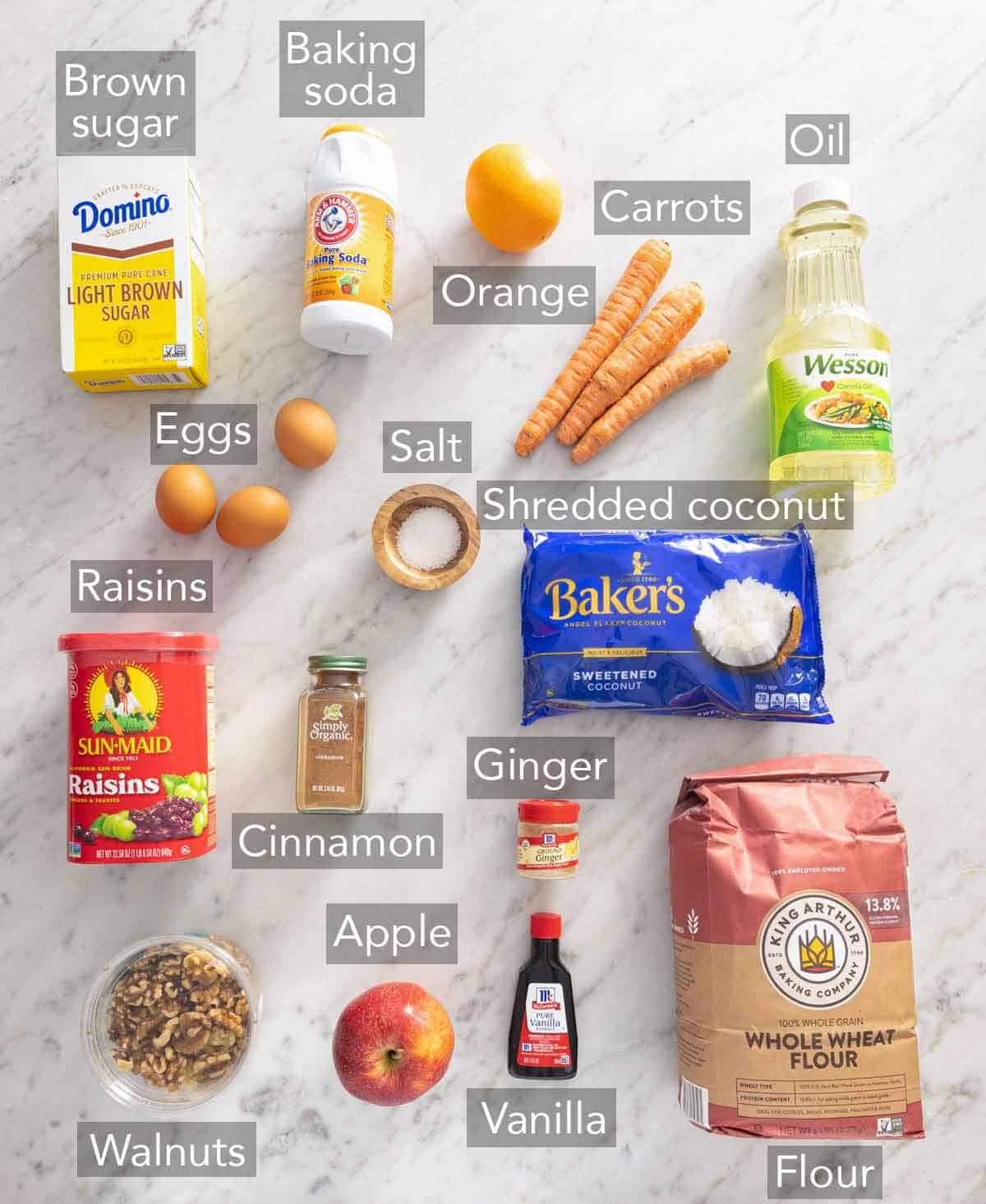 Ingredients needed to make morning glory muffins.