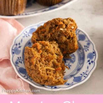 Pinterest graphic of the close up of a morning glory muffin cut in half on a plate.