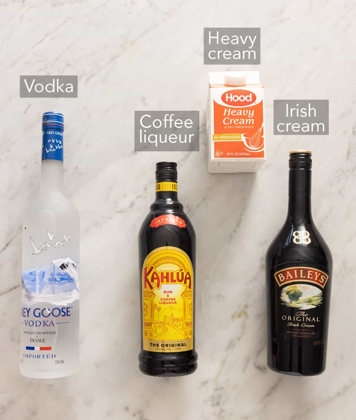 Ingredients needed to make a mudslide.