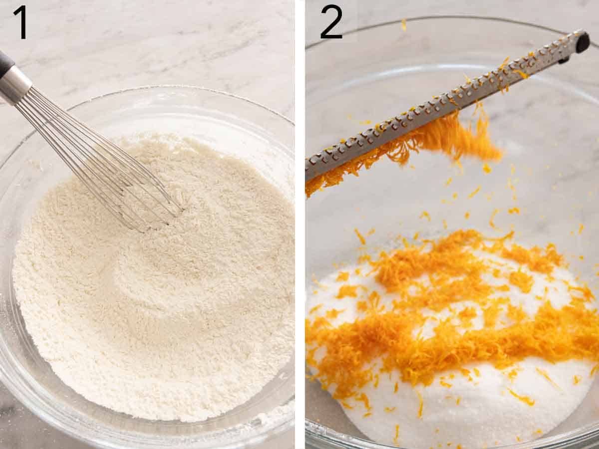 Set of two photos showing flour whisked and orange zest added to sugar.