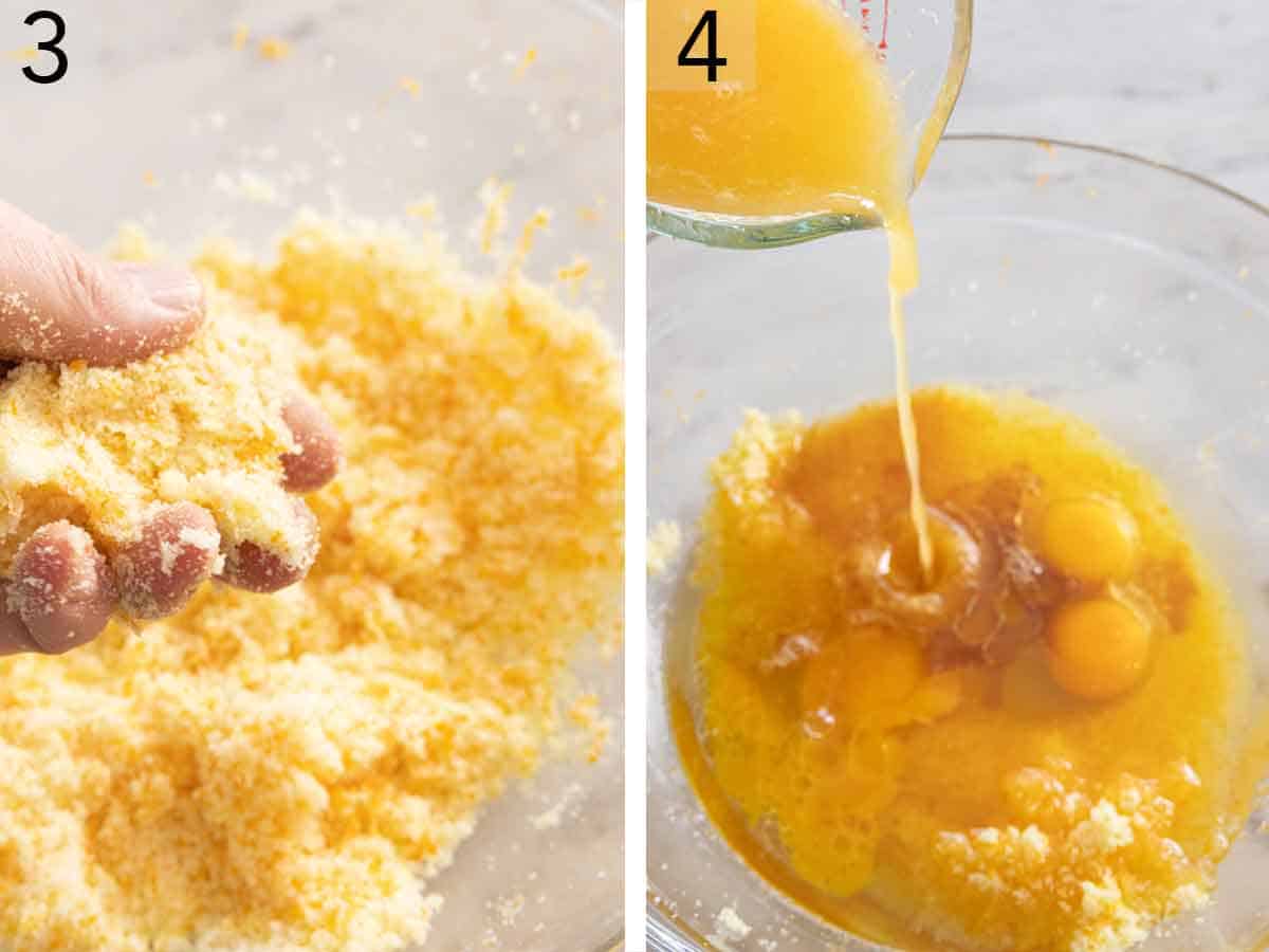 Set of two photos showing zest rubbed into sugar and wet ingredients added.