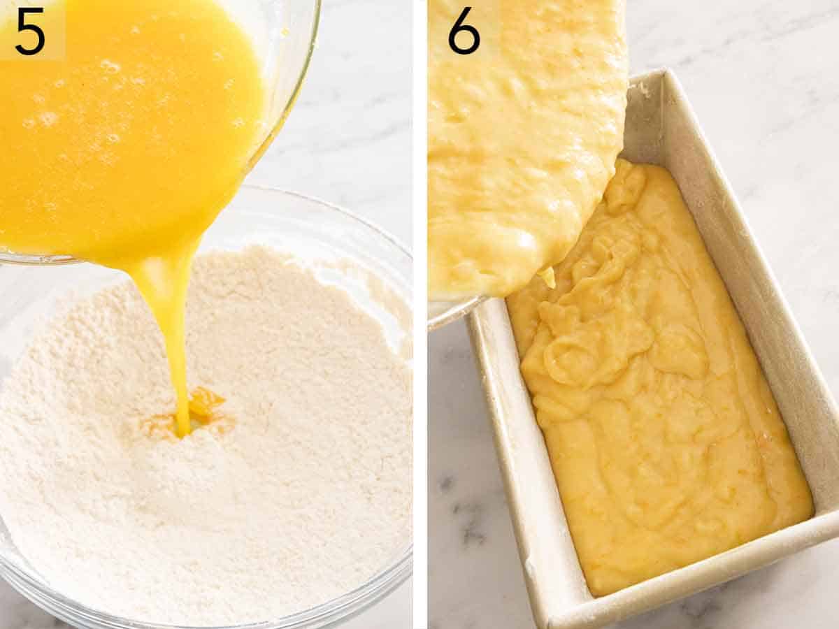 Set of two photos showing wet ingredients added to dry and batter added to a loaf pan.
